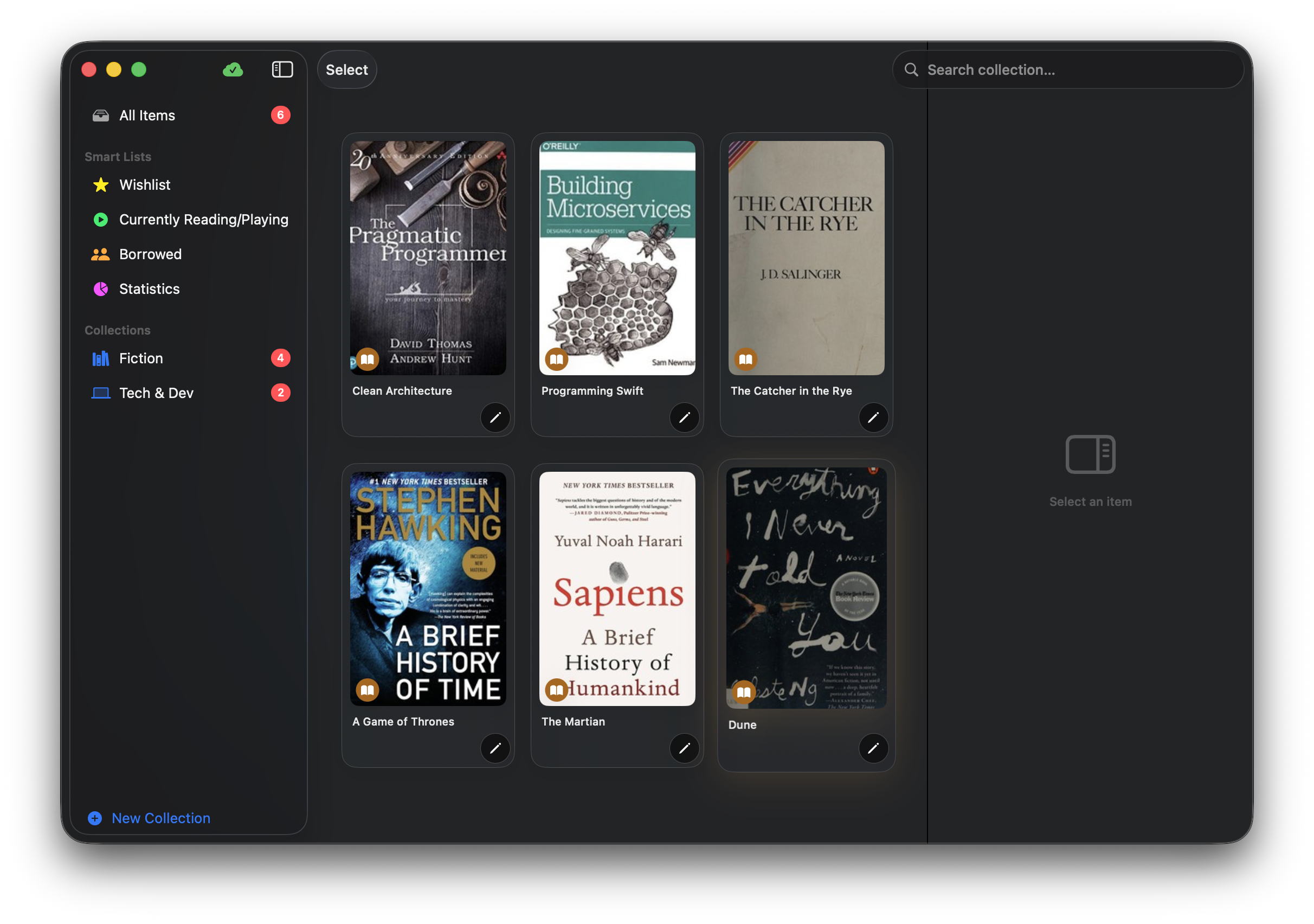 Gather macOS library view showing grid of book covers with sidebar navigation