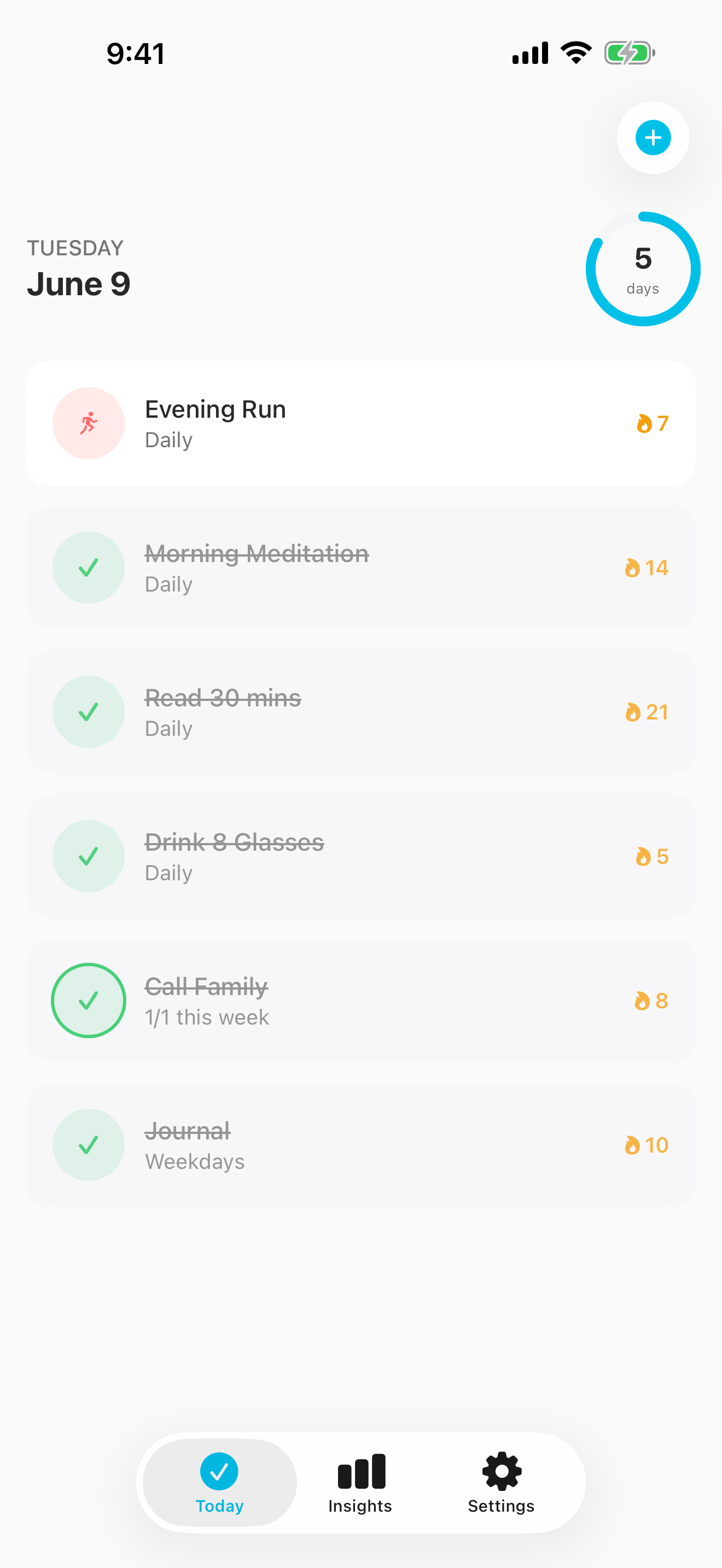 HabitFlo — Today view showing habit list with streaks