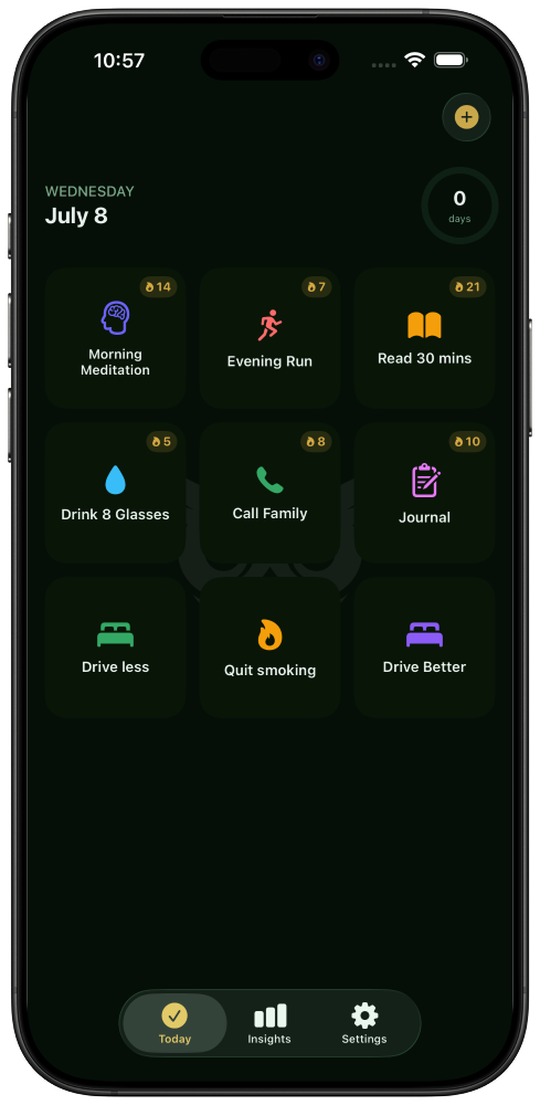 HabitFlo iOS daily habit dashboard showing progress tracking and streak visualization