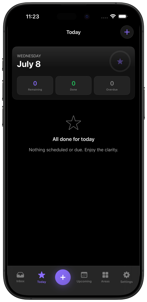 OrgFlo iOS task management interface with today view and GTD workflow