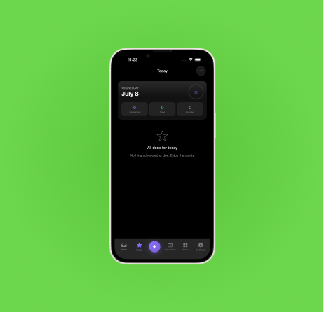 OrgFlo task planner iOS interface with today view and GTD workflow