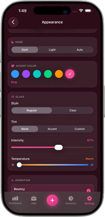 Appearance settings — dark mode