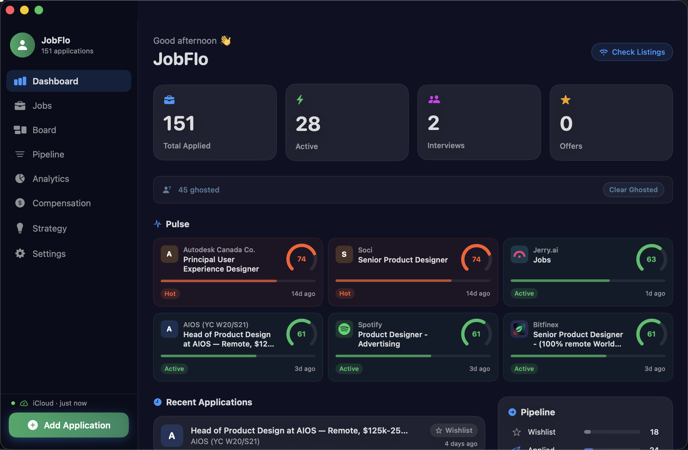 JobFlo macOS job search tracker interface showing pipeline view and candidate cards