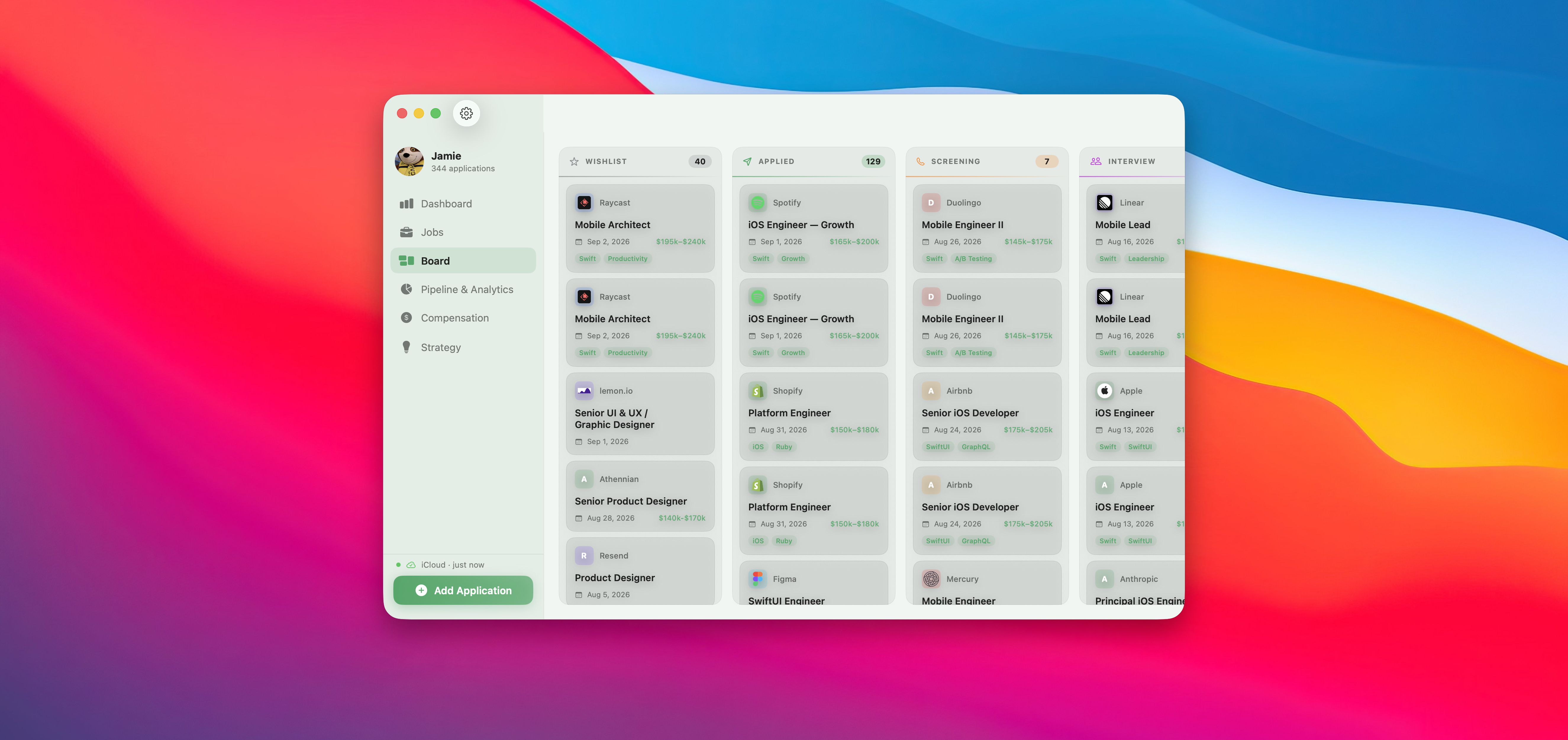 Kanban board in JobFlo on macOS